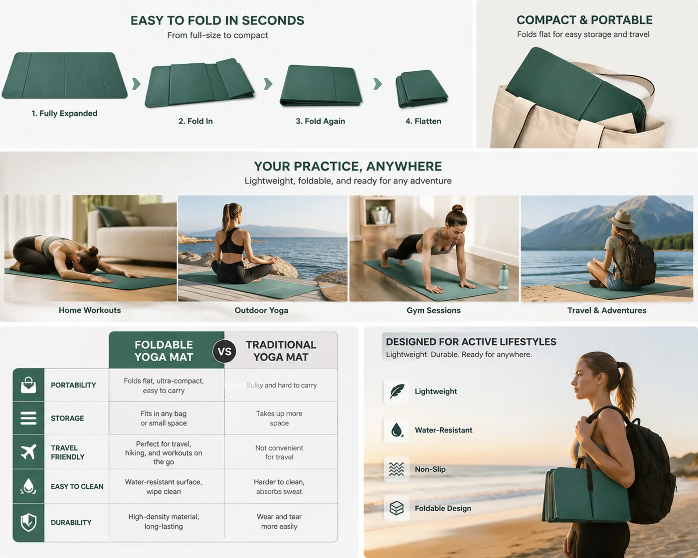 Foldable yoga mat with easy folding steps, compact and portable for travel and home practice