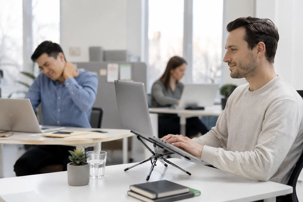 Side-by-side comparison of working posture with a foldable laptop stand versus working without a stand