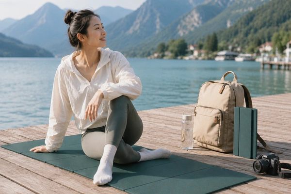 Foldable travel yoga mat used outdoors by a lake during a relaxing yoga session