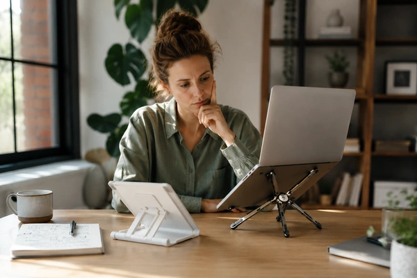 Woman comparing plastic and aluminum foldable laptop stands for ergonomic workspace setup