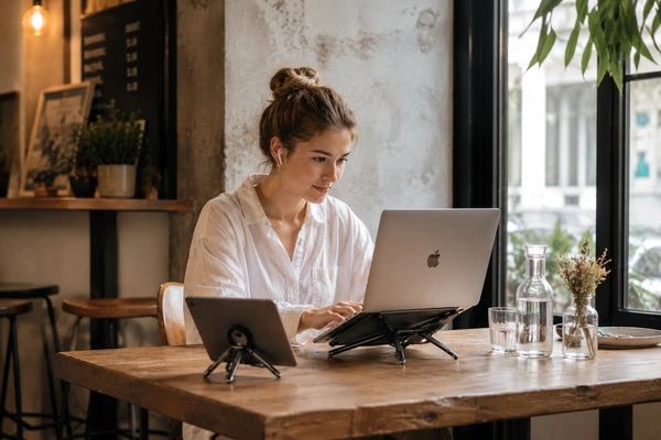 Woman using an ergonomic foldable laptop stand with MacBook and tablet in a bright cafe workspace