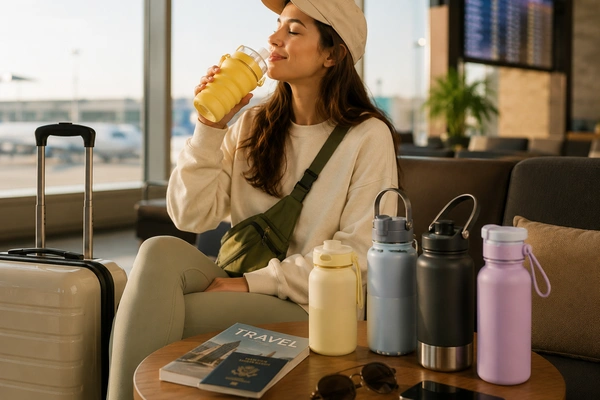 Traveler drinking from a collapsible silicone water bottle in an airport lounge with reusable travel bottles on the table