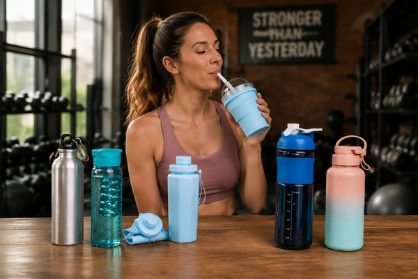 Woman drinking from a foldable water bottle in a gym with other sports bottles on a wooden table