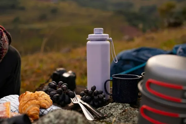 An outdoor picnic scene featuring the best backpacking water bottle, a large purple silicone bottle with a twist cap and a lanyard, sitting on a rocky ledge.