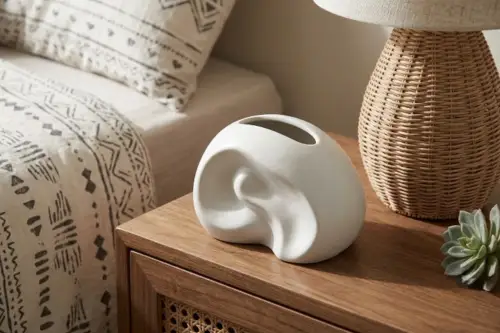 An artistic sculptural ceramic tissue box cover (e.g., Moai-inspired design) acting as decor on a bohemian-style nightstand.