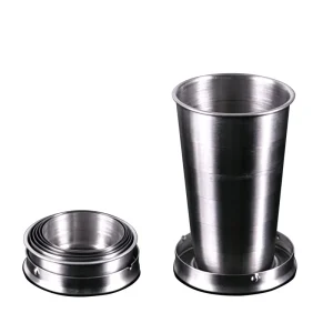 Foldable Stainless Steel Cup for camping, hiking, travel, and outdoor adventures with a compact telescopic design.