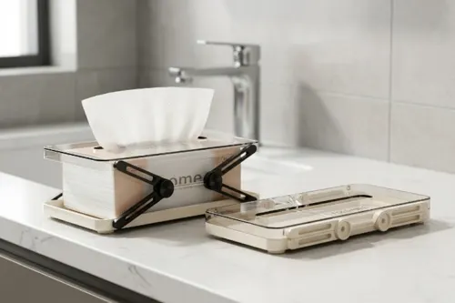 A foldable tissue box holder made of moisture-resistant ABS plastic, demonstrating its space-saving flat design next to its open form in a tight bathroom space.