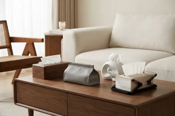 An elegant modern living room setting showcasing multiple types of unique tissue box holders, including walnut wood, PU leather, and abstract ceramic, that do not look like standard tissue boxes.
