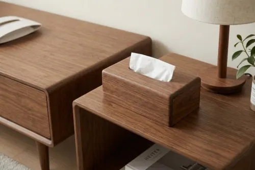 A solid walnut wood tissue box cover with prominent grain, fitting seamlessly with mid-century modern furniture on a coffee table.