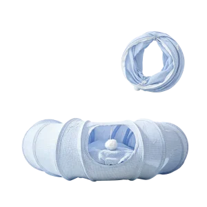 a blue collapsible cat tunnel