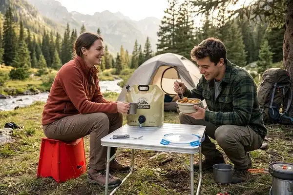 A couple camping outdoors using foldable camping gear, including a red stool, a collapsible bowl, and a water bag on a table, with a tent and mountains in the background.